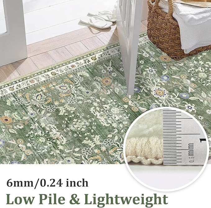 Yamaziot Washable Kitchen Rug Set of 3 – Non Slip Boho Floral Hallway Runner Rug with Rubber Backing, Low Pile Kitchen Mats for Floor, Laundry, Desk (2x3+2x4+2x5,Green)