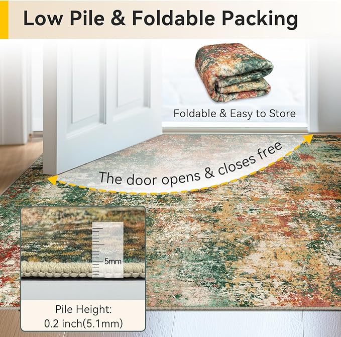 Washable Area Rugs 2'x10' Non-Slip Modern Abstract Soft for Living Room Entryway Bedroom Nursery, Print Pattern, Green Orange Rust Red Cream Colorful