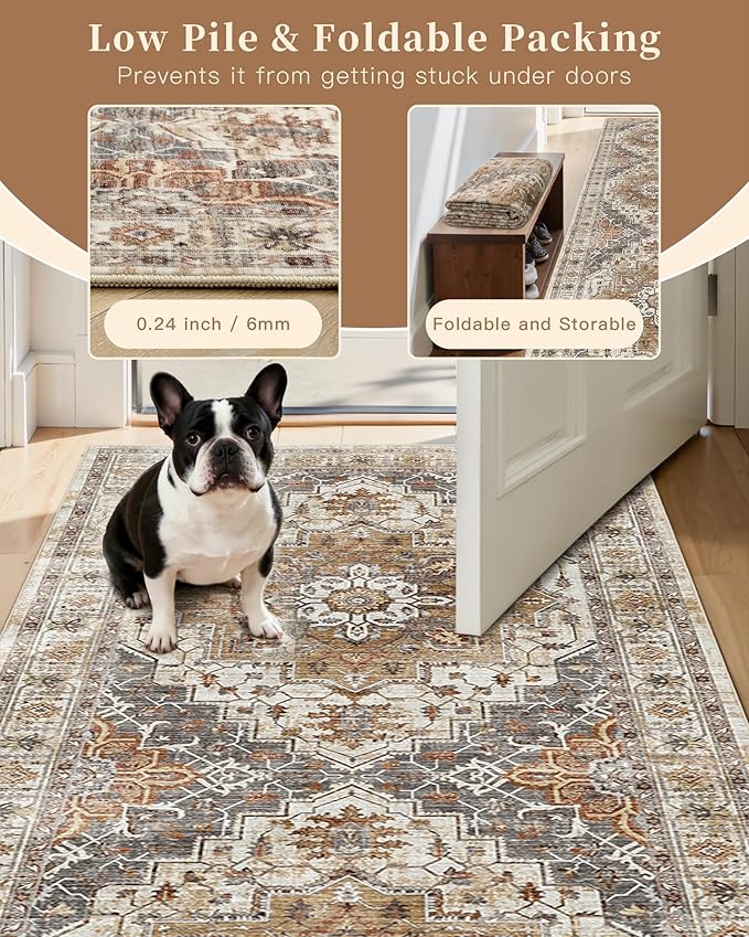 Madane Hallway Runner Rug 2'6''x10' Kitchen Runner, Non Slip Vintage Runners for Hallways Washable Kitchen Rugs Soft Low Pile 2.5x10 ft Rug Runner for Laundry Room, Entryway and Bedroom, Turmeric/Grey