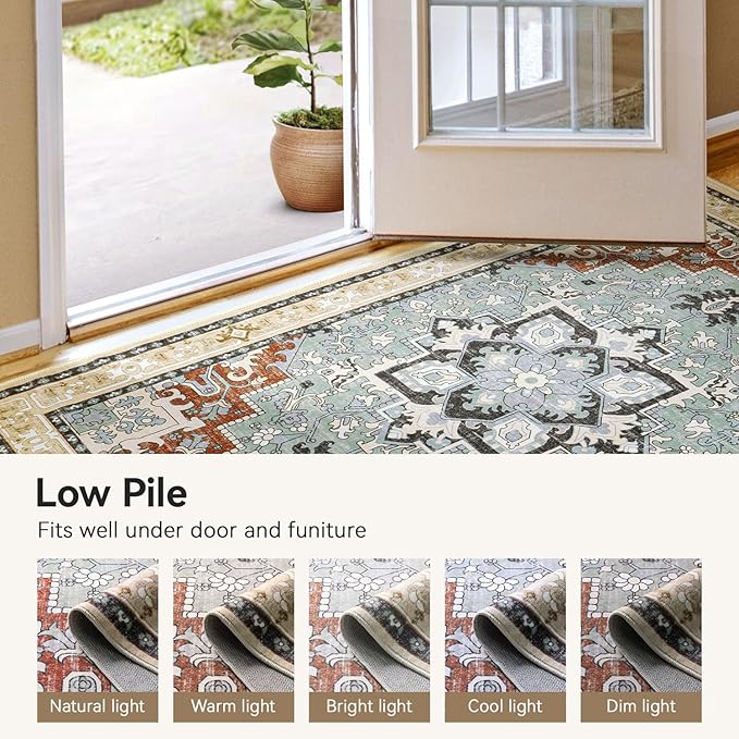 Lofus 6x9 Area Rugs for Living Room, Floral Washable Area Rug for Bedroom, Office, Dining Room, Non-Slip Vintage Boho Rug, Low-Pile Soft Carpet, Traditional Oriental Style, Beige Orange