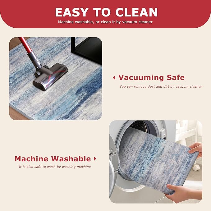 KOZYFLY Modern Abstract Washable Rug Runner 2x7 Hallway Runner Rug Non-Slip Soft Kitchen Runner Rugs, Print Blue/Grey/Beige Striped Carpet Runner for Entryway Bathroom Laundry Room Foyer