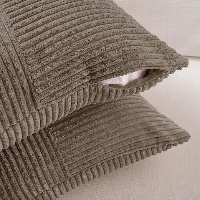 Fancy Homi Set of 2, Light Brown Patchwork Corduroy Decorative Soft Striped Modern Accent Cushion Case Farmhouse Boho Neutral Throw Pillow Covers for Chair Couch Bed Sofa Living Room 22x22 Inch