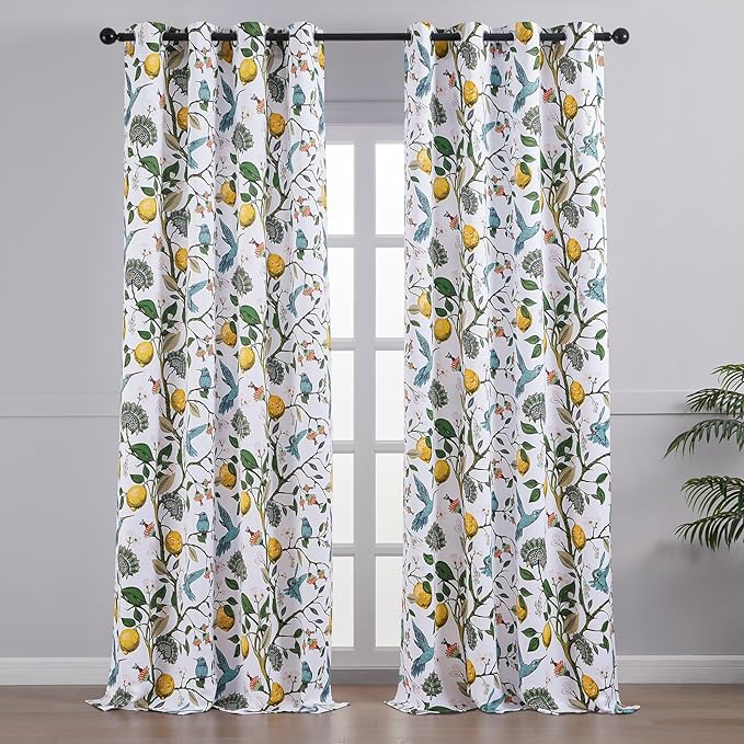 Topfinel 90 Inches Long Custom Window Curtains, Unique Chinoiserie Safari Floral Hummingbird Plant Lemon Patterned Extra Wide Noise Dampening Grommet White Satin Shabby Chic Drapes for Living Room