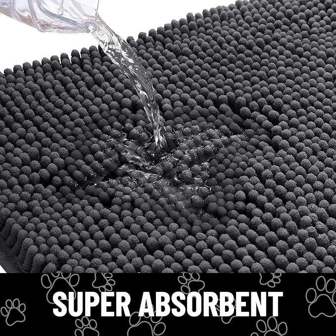Smiry Dog Door Mat for Muddy Paws, Absorbent Dirt Trapper Non Slip Quick Dry Washable Chenille Mat for Mud Dogs, Entry Rug for Indoor and Outdoor (47x17 Inches, Dark Grey and White)