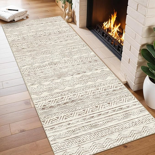2x6 Washable Hallway Runner Rug - Moroccan Non-Slip Indoor Table Long Runners for Entryway Soft Low Pile Neutral Rugs for Kitchen Waterproof Geometric Carpet for Bedroom Bathroom Laundry 2x6 Beige