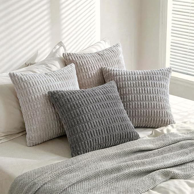 Fancy Homi Set of 4 Grey and White Boho Decorative Throw Pillow Covers 22x22 Inch for Couch Bed Sofa, Aesthetic Modern Bohemian Room Decor, Soft Fuzzy Cozy Corduroy Textured Cushion Case 55x55cm