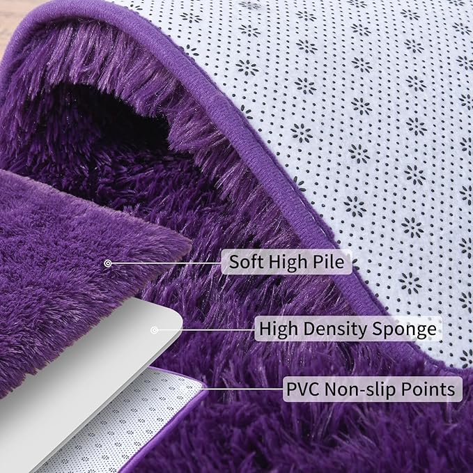 Fluffy Shag Runner Rugs for Bedroom Hallways, 2x8 Purple Long Soft Throw Area Rug Non Slip for Bedside Dorm, Shaggy Furry Carpet for Nursery Living Room Home Decor