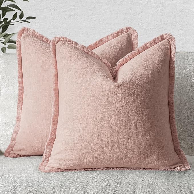 MIULEE Valentines Decorative Throw Pillow Covers Neutral Linen Fringe Throw Pillows Set of 2 Pink Boho Farmhouse Cushion Covers with Tassels for Couch Sofa Bed Living Room Spring Decor 18x18 Inch