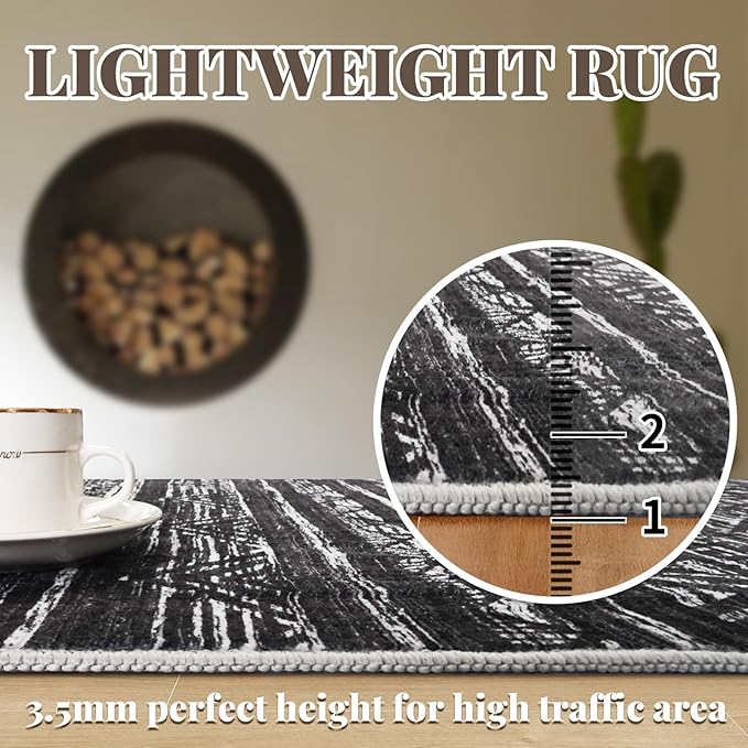 3x5 Washable Entryway Area Rug: Modern Moroccan Small Runner Rug Indoor Soft Non Slip Rug for Living Room Low Pile Thin Floor Carpet for Kitchen Dining Room Bedroom Home Office Decor(3x5,Black)