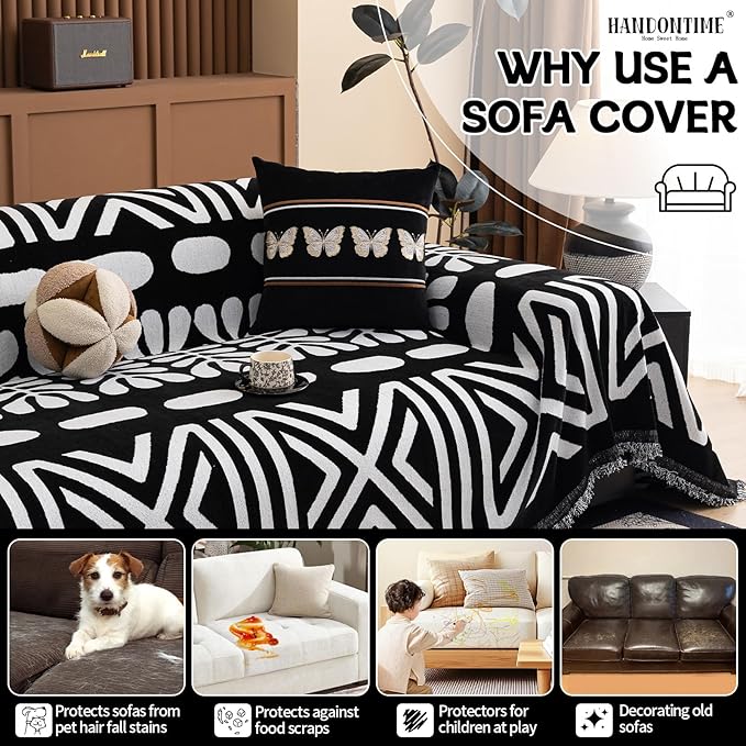 HANDONTIME Boho Couch Cover Blanket Geometric Striped Pet Covers for Couches and Sofas Black and White Dog Cover for Couch Pet Friendly Chenille Sectional Sofa Covers for Pets Washable, 71" X 118"