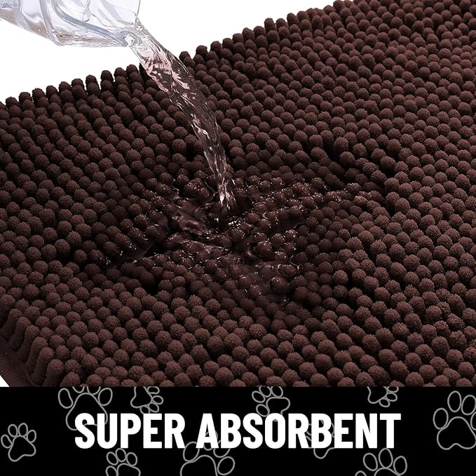 Smiry Dog Door Mat for Muddy Paws, Absorbent Dirt Trapper Non Slip Quick Dry Washable Chenille Mat for Mud Dogs, Entry Rug for Indoor and Outdoor (47x17 Inches, Brown and White)