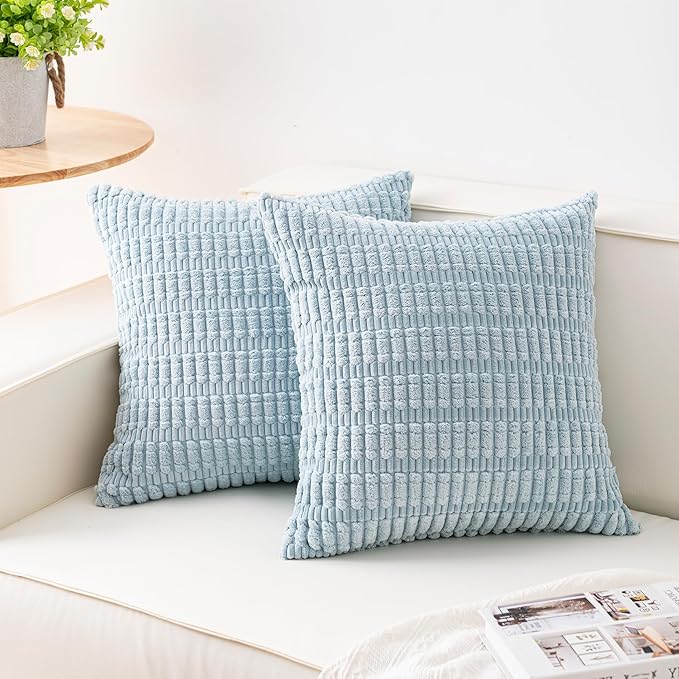 Pack of 2 Corduroy Decorative Throw Pillow Covers 24x24 Inch Soft Striped Pillow Covers Modern Farmhouse Home Decor for Sofa Living Room Couch Bed（Sky Blue）