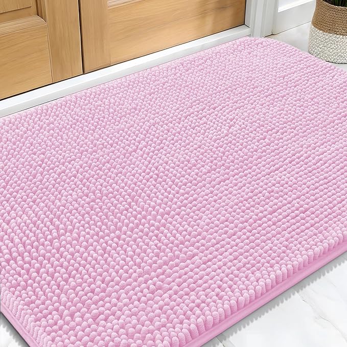 OLANLY Dog Door Mat for Muddy Paws 32x20, Absorbs Moisture and Dirt, Absorbent Non-Slip Washable Doormat, Quick Dry Chenille Mud Mat for Dogs, Entry Indoor Entryway Carpet for Inside Floor, Pink
