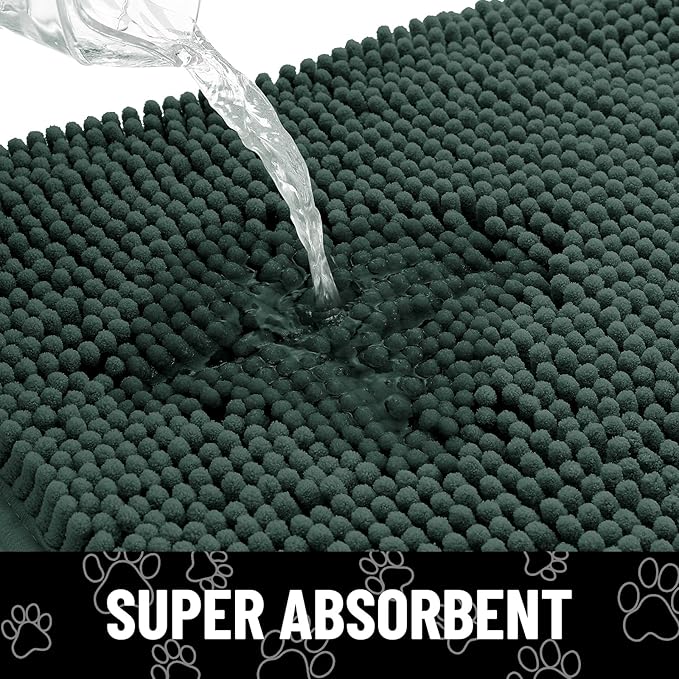 Smiry Dog Door Mat for Muddy Paws, Absorbent Dirt Trapper Non Slip Quick Dry Washable Chenille Mat for Mud Dogs, Entry Rug for Indoor and Outdoor (70x24 Inches, Green and White)