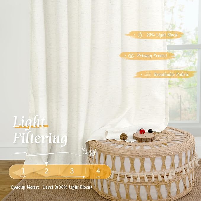 LAMIT Natural Ivory Linen Curtains for Windows 2 Panels Set, 48 Inch Faux Linen Textured Light Filtering Drapes Soft Rod Pocket Boho Privacy Panels for Farmhouse/Loft, 42 x 48 Inch