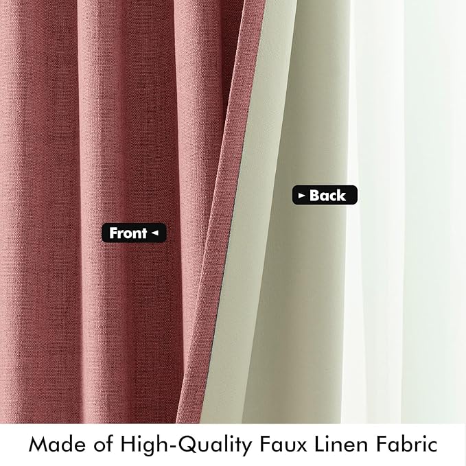 MIULEE 100% Blackout Linen Curtains for Bedroom, Dusty Rose Solid Luxury Decor Thermal Insulation Room Darkening Drapes for Living Room Nursery Back Tab Rod Pocket 42 x 96 Inches, 2 Panels