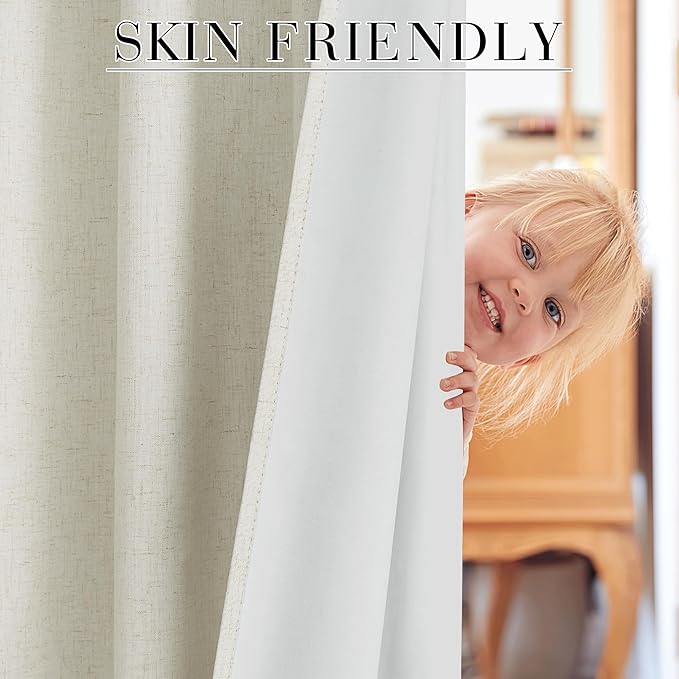 RYB HOME Natural Linen Blended Curtains 84 inch Long 2 Panels Set, 100% Blackout Burlap Look Curtains Drapes, Privacy Window Treatment with White Liner for Living Room Nursery, Natural, W52 x L84 inch