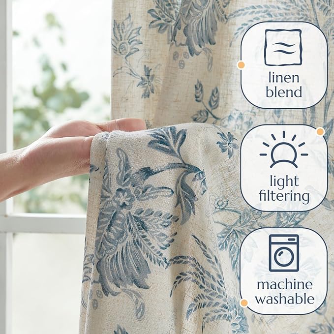 jinchan Linen Floral Curtains for Living Room with Printed Flower 96 Inches Long Light Filtering French Country Back Tab Rod Pocket Blue Window Curtain Set Farmhouse Drapes 2 Panels Blue