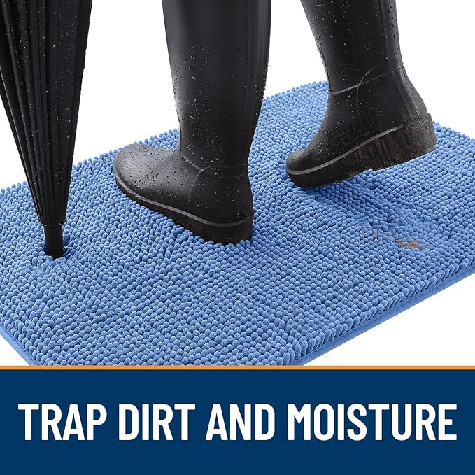 OLANLY Dog Door Mat for Muddy Paws 30x17, Absorbs Moisture and Dirt, Absorbent Non-Slip Washable Doormat, Quick Dry Chenille Mud Mat, Entry Indoor Entryway Carpet for Inside Floor, Cornflower Blue