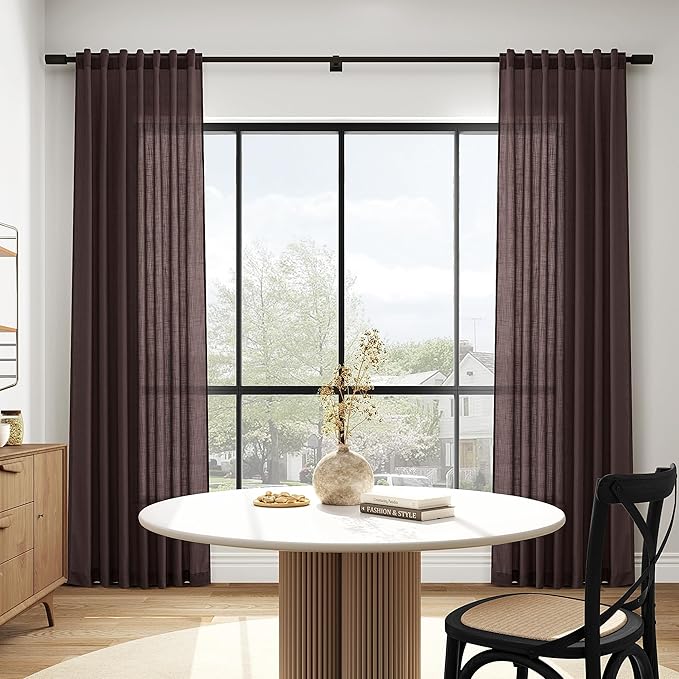 Coffee Brown Linen Curtains for Living Room 94 Inches Long Light Filtering Semi Sheer Curtain Back Tab Rod Pocket Luxury Modern Rustic Home Decor Neutral Drapes for Bedroom Dinner Room 52x94, 2 Panels