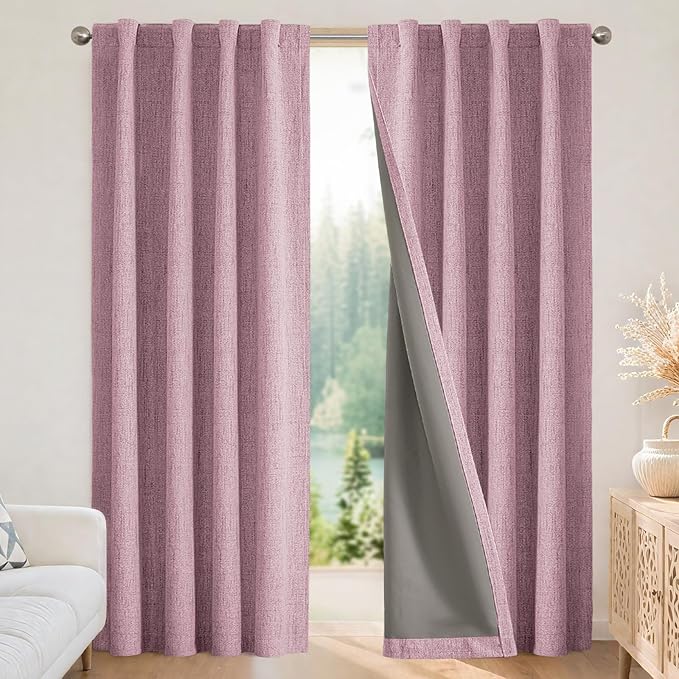 Joydeco Blackout Curtains for Bedroom - 90 Inch Long 100% Light Blocking 2 Panels Set Pink Drapes, Thermal Insulated Room Darkening Curtains, Linen Textured for Living Room, Rod Pocket & Back Tabs