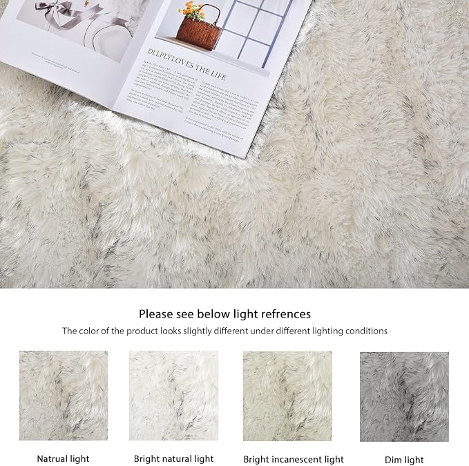 ORINOVA White and Grey Round Shag Rug 4ft Faux Sheepskin Fur Rugs for Living Room Small Circle Washable Plush Rug for Nursery Cute Room Décor