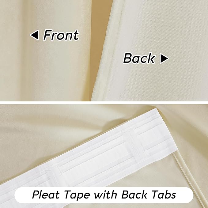 RYB HOME Beige Velvet Curtains 72 inches with Hook Belt, Soft Fabric Room Darkening Thermal Insulated Luxurious Home Decor Curtains for Living Room Bedroom, W 52" x L 72", 2 Panels Set