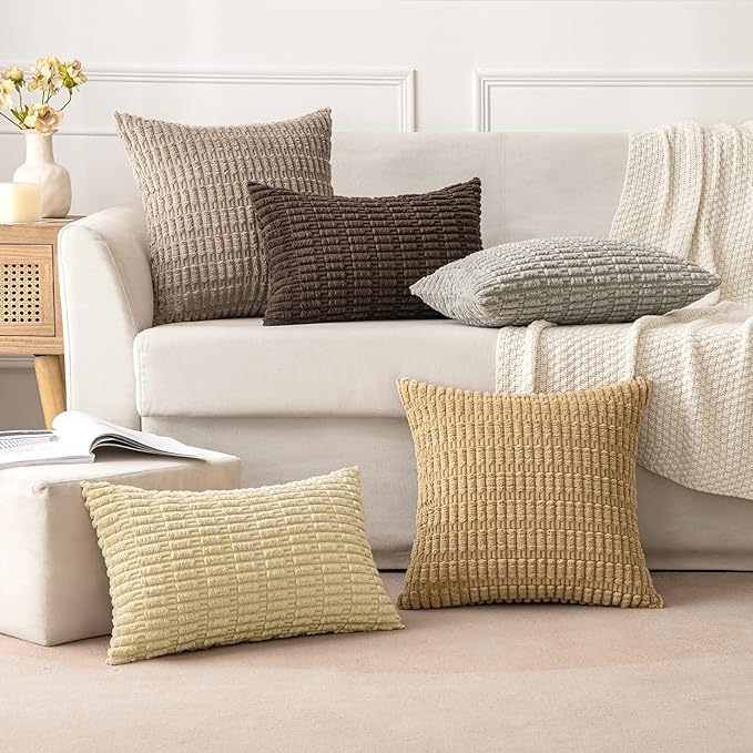 MIULEE Pack of 2 Corduroy Decorative Throw Pillow Covers 18x18 Inch Soft Boho Striped Pillow Covers Modern Farmhouse Home Decor for Sofa Living Room Couch Bed Light Brown