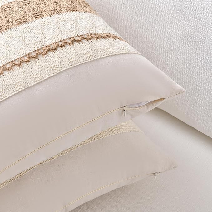 Fancy Homi Set of 1 Boho Neutral Long Lumbar Decorative Throw Pillow Cover 16x24 Inch for Couch Bed Sofa Chair, Modern Organic Farmhouse Home Decor, Soft Cotton Cute Accent Tan Rectangle Cushion Case