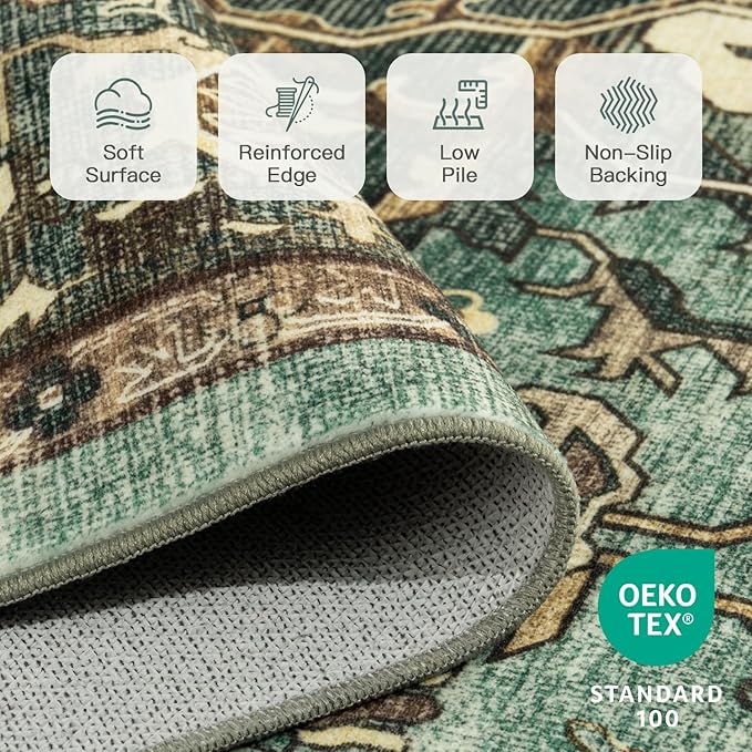Lofus 2x3 Washable Rug for Entryway Bathroom, Non Slip Kitchen Mats for Floor, Vintage Soft Door Mat Indoor Entrance, Small Area Rugs, Farmhouse Carpet for Entry Living Room Bedroom, Green