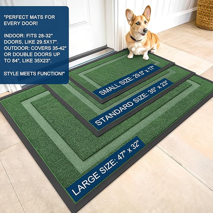 OLANLY Front Door Mat Indoor Outdoor Entrance, Waterproof All-Season, All-Weather Doormat, Sturdy Natural Rubber, Fade Resistant, Low Profile, Easy Clean Patio Porch Entryway Mat, 59x23, Green