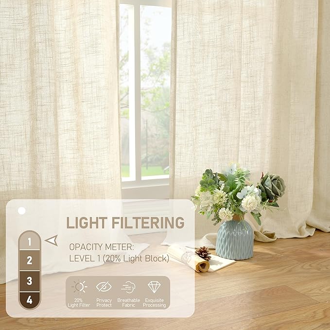 LAMIT Faux Linen Curtains 63 inches Long for Bedroom, Back Tab and Rod Pocket Linen Drapes Light Filtering Sheer Window Curtains for Living Room, Set of 2 Panels (38 x 63 Inch, Beige)