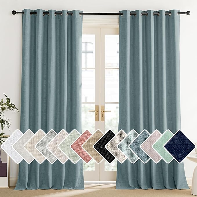 NICETOWN 100% Absolutely Blackout Linen Curtains with Thermal Insulated Liner, Skylark Blue, 62" Wide, 84" Length Energy Saving Curtains for Living Room 2 Panels Set, Vertical Blinds