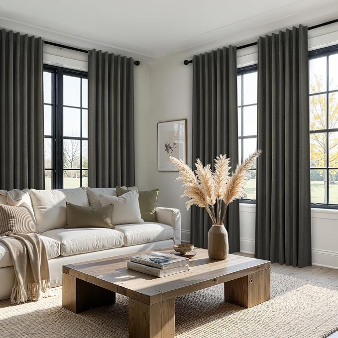 Topfinel Linen Blackout Curtain 90 Inches Long for Bedroom/Living Room Thermal Insulated Back Tab Linen Curtain Drapes Primitive Textured Burlap Effect Window Drapes 2 Panel, Heather Charcoal Gray