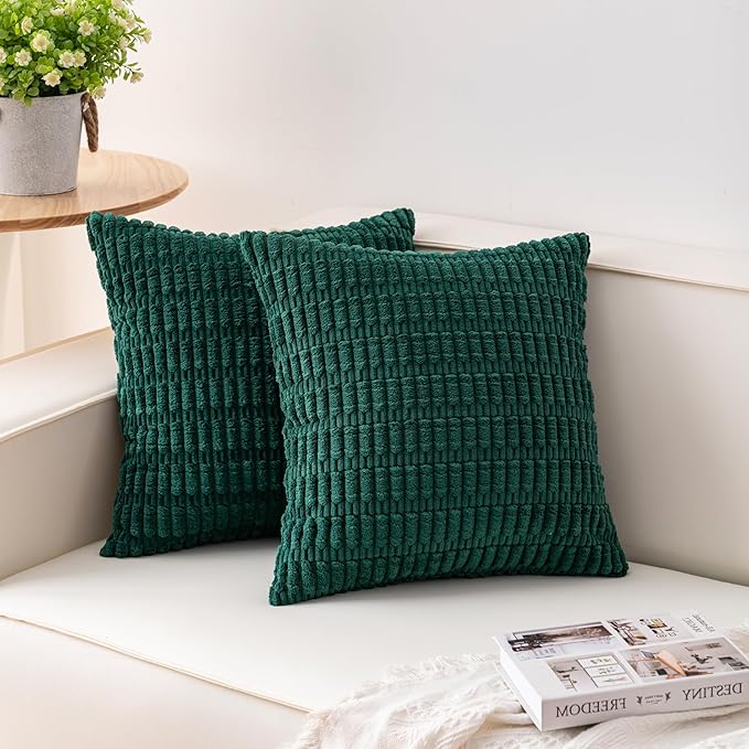 Pack of 2 Christmas Green Corduroy Decorative Throw Pillow Covers 18x18 InchSoft Boho Striped Pillow Covers Modern Farmhouse Home Decor for Sofa Living Room Couch Bed（Blackish Green）