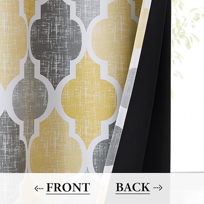 Beauoop Blackout Window Valances Curtains Geometric Quatrefoil Trellis Printed Room Darkening Thermal Insulated Rod Pocket Short Valance Curtains Cafe Bathroom, Yellow/Gray, 50" W x 18" L, 1 Panel