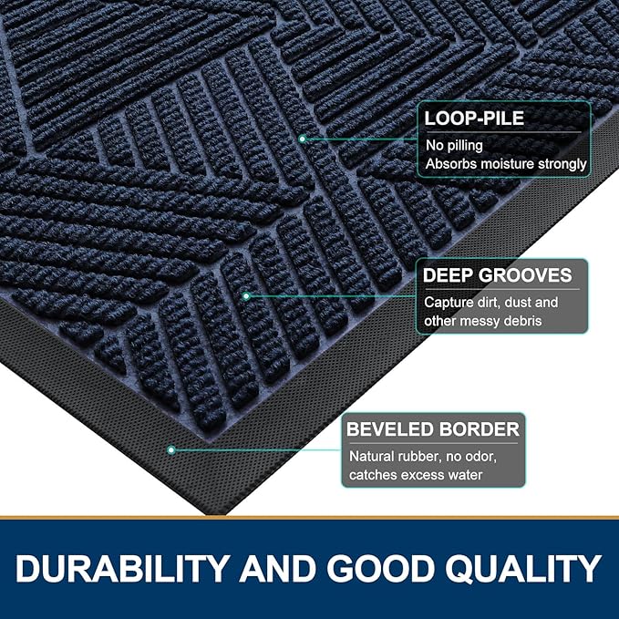 Smiry Half Circle Front Door Mat Outside Entrance, Heavy Duty Sturdy Natural Rubber Doormat, Trap Dirt and Moisture, Low Profile Mats for Indoor Outdoor Entry, Irregular Triangle (35x23, Navy Blue)
