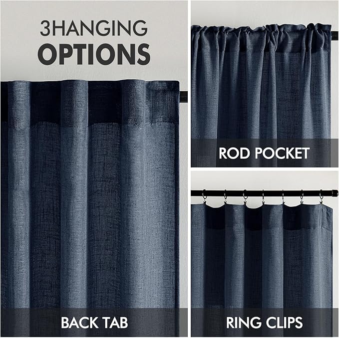 MIULEE Navy Blue Linen Curtains 54 Inch Length 2 Panels for Bedroom Living Room, Soft Thick Linen Textured Natural Short Window Drapes Semi Sheer Light Filtering Back Tab Rod Pocket Burlap Look Decor