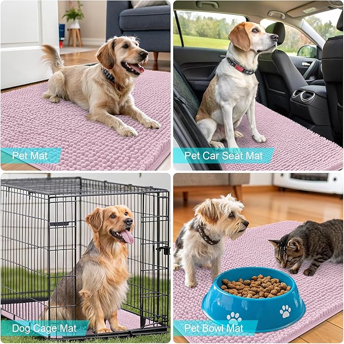 OLANLY Dog Door Mat for Muddy Paws 47x24, Absorbs Moisture and Dirt, Absorbent Non-Slip Washable Doormat, Quick Dry Chenille Mud Mat for Dogs, Entry Indoor Entryway Carpet for Inside Floor, Dusty Rose
