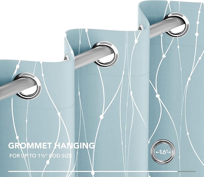 Deconovo Blackout Curtains, Thermal Insulated Soundproof Grommet Drapes, Wave Dot Foil Print, 52 x 54 Inch, Set of 2, Machine Washable Window Panel for Bedroom Living Room Nursery Kitchen, Light Blue