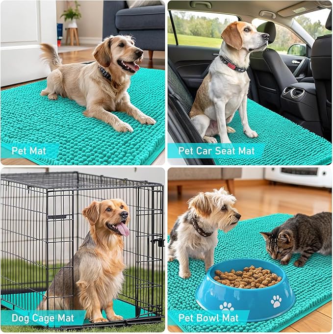 OLANLY Dog Door Mat for Muddy Paws 54x32, Absorbs Moisture and Dirt, Absorbent Non-Slip Washable Doormat, Quick Dry Chenille Mud Mat for Dogs, Entry Indoor Entryway Carpet for Inside Floor, Teal