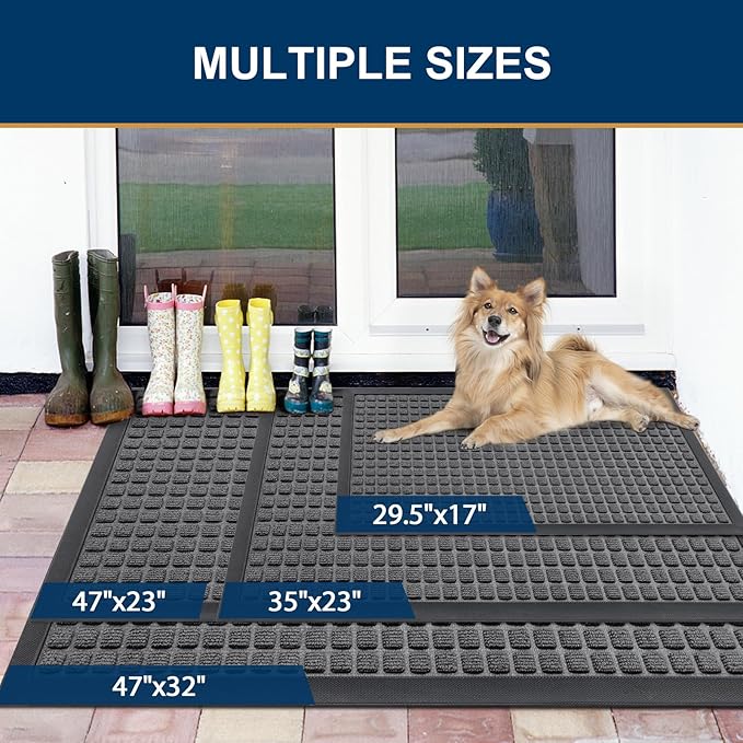 Smiry Front Door Mat Outside Entrance, Heavy Duty Natural Rubber Doormat, Non Slip, Trap Dirt and Moisture, Easy Clean, Low Profile Welcome Floor Mats for Indoor Outdoor Entry, 47x32 Inch, Grey
