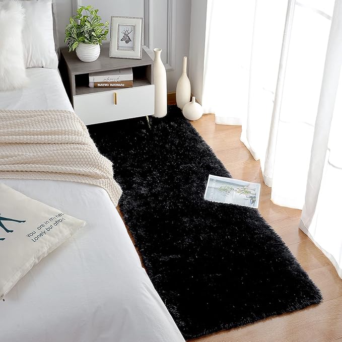 Chicrug Soft Runner Rug for Bedroom Living Room Plush Fluffy Rug 2x8 Feet, Shag Furry Runner Rug Carpet Non Shedding for Nursery Children Kids Girls Room Home Decorative, Black