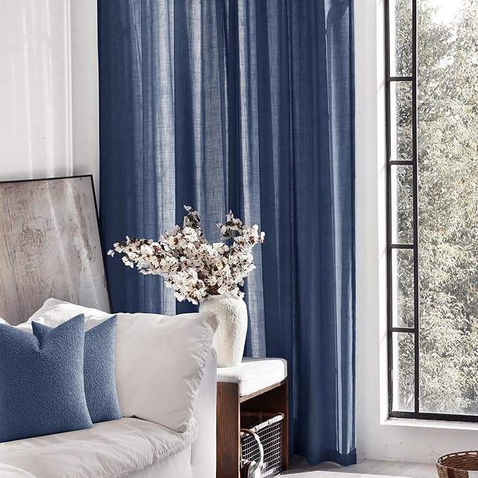Navy Blue Curtains 120 inch Length for Bedroom Back Tab Light Filtering Semi Sheer Blue Living Room Curtains Linen Cotton Textured Indigo Blue Drapery Panel Modern Aesthetic Decor 42" Wx120" L