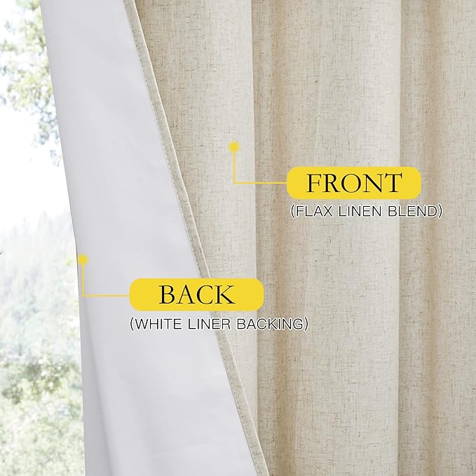 NICETOWN Natural Linen 100% Blackout Curtains 120 inches Length 2 Panels Set with Thermal Insulated Liners, 52" Width, Farmhouse Style Extra Long Window Draperies for Patio Sliding Glass Door