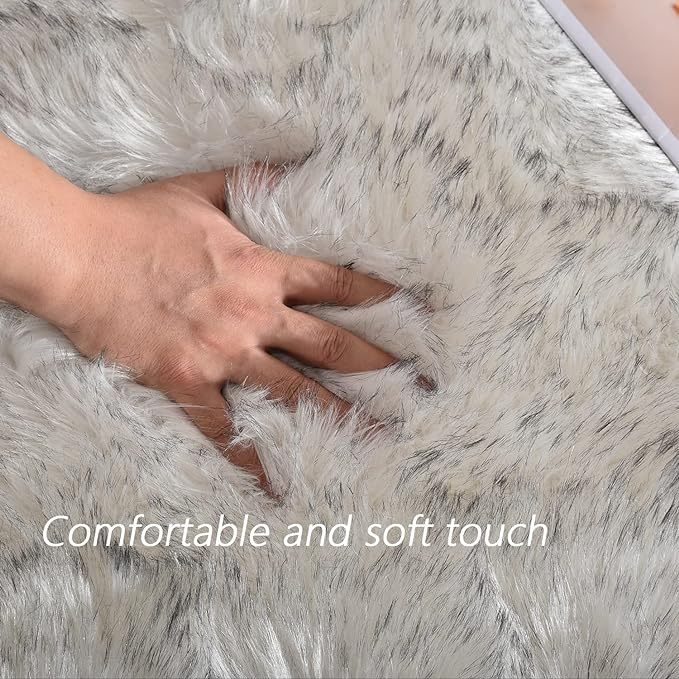 Latepis 2x5 Runner Faux Fur Rug White with Grey Tips Rugs Washable Sheepskin Rug Fluffy Shaggy Fuzzy Bedroom Rugs for Teen Room Décor, Runner