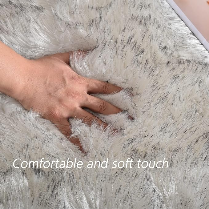 Latepis Rugs for Living Room Faux Fur Rug 5x6.7 White with Grey Tips Washable Sheepskin Rugs Bedside Shag Rug for Bedroom Dorm Home Decor Rectangle