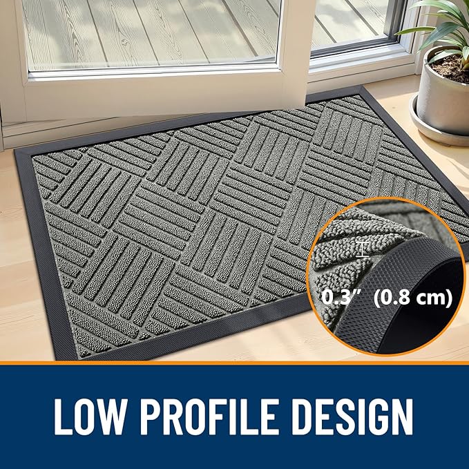 OLANLY Front Door Mat Outside Entrance 33x21, Absorbent, Heavy Duty Sturdy Natural Rubber Doormat Indoor Outdoor, Stain Fade Resistant, Non-Slip Low Profile Floor Mat for Entryway, Modern Gray Diamond