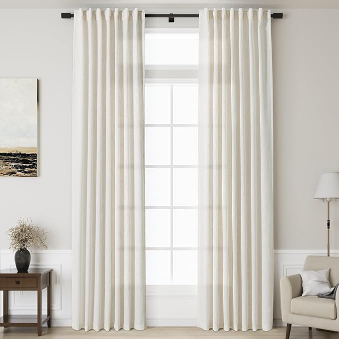 Nanspring Extra Long Curtains 2 Panels 122 Inches Long for Dinning Room Cream Back Tab Rod Pocket Light Filtering Semi Sheer Drapes Cotton Linen Textured Window Curtain for Bedroom 52x122