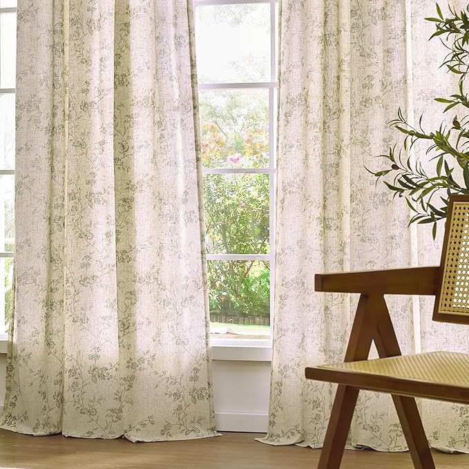 Lazzzy Green Floral Linen Curtains 84 Inch Farmhouse Back Tab Drapes for Living Room Bedroom Light Filtering Vintage Grandmillennial Rod Pocket Curtains, 2 Panels, W38 x L84, Green on Beige